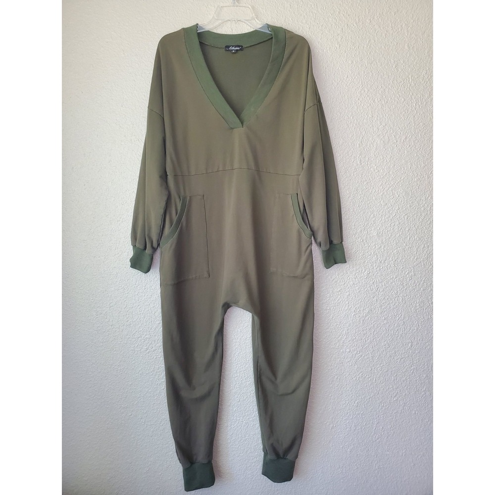 Athina Women's‎ Long Jumpsuit in Olive Green, Size M, Cotton Blend, Stretch